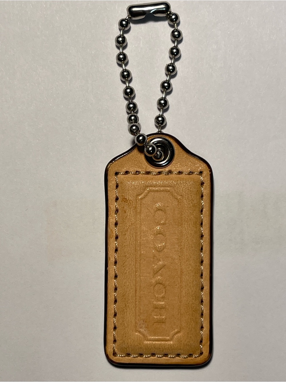 Coach Leather Hang Tag in Tan with Silver Ball Chain